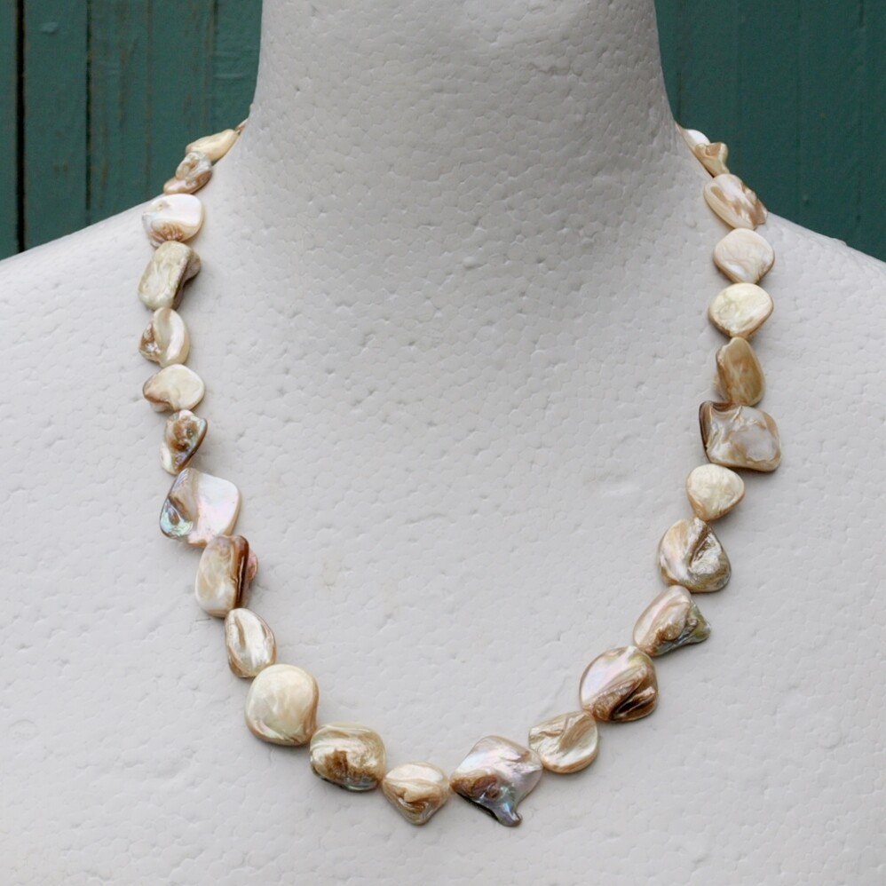 66cm Long Mother of Pearl Beaded Necklace + Solid Silver Toggle Clasp