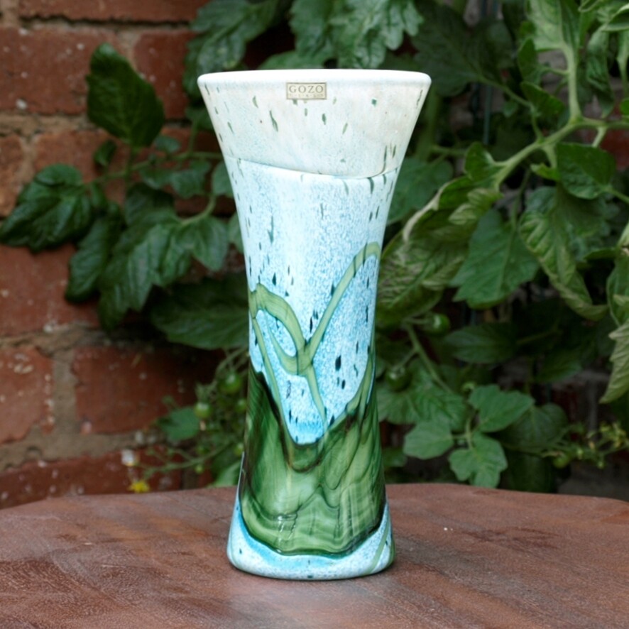 Vintage Gozo Glass Hand Blown Blue, Green & White Vase