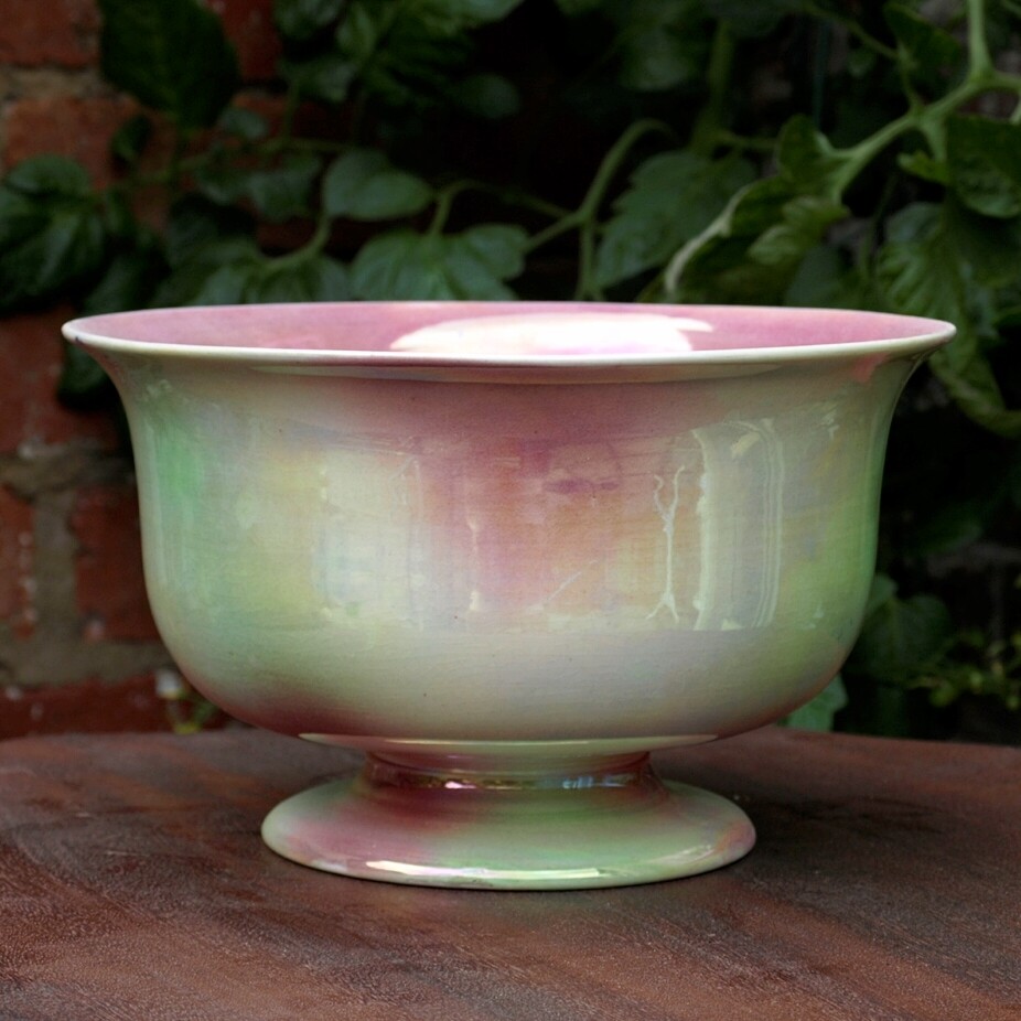 Large Vintage Pink & Green Iridescent Carlton Ware Pedestal Fruit Bowl