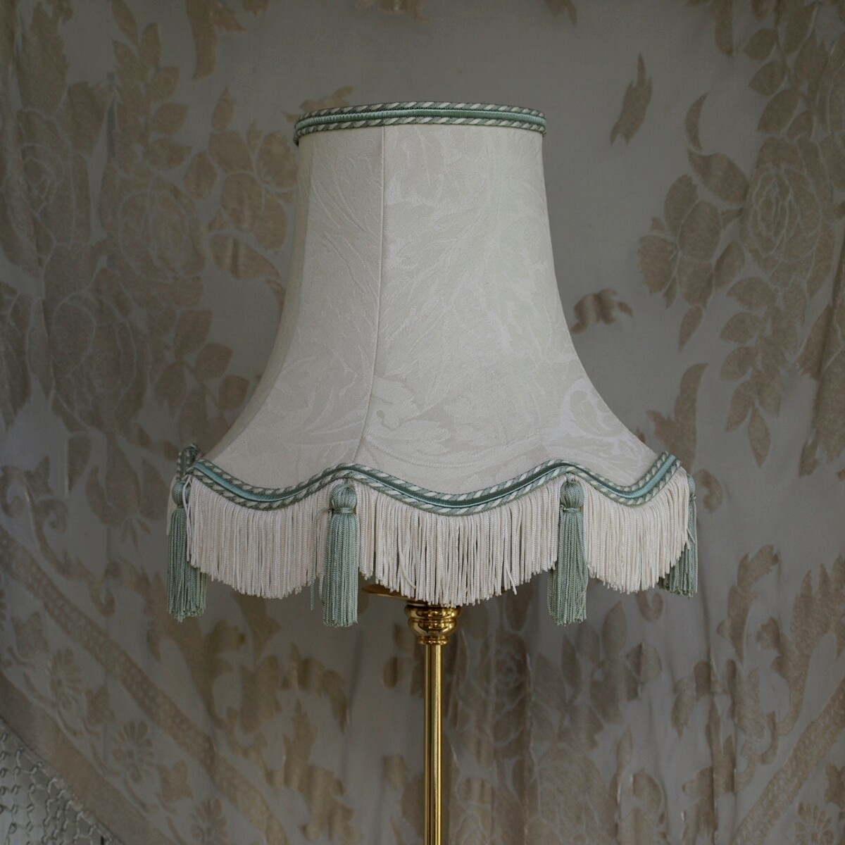 Vintage Granny Chic Cream Green Damask Fabric Fringed Tasseled Table Lampshade