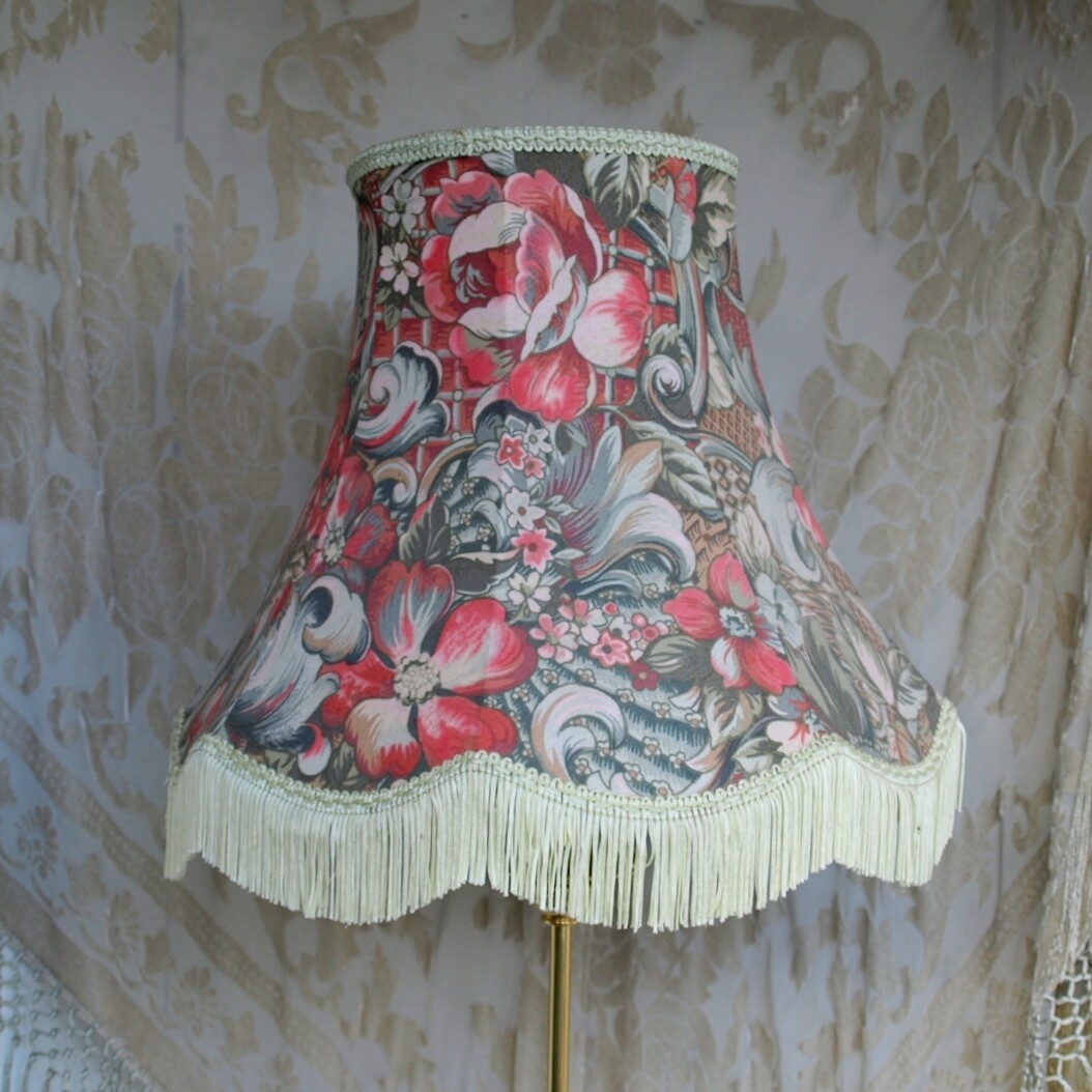 Vintage Granny Chic Olive Green Red Floral Fabric Fringed Table Lampshade