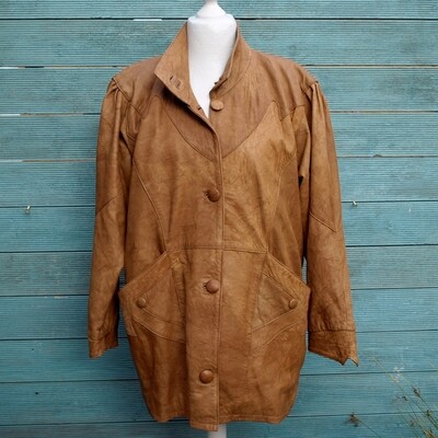 Ladies Vintage 80s Tan Brown Napper Leather Coat Pointed Cuffs