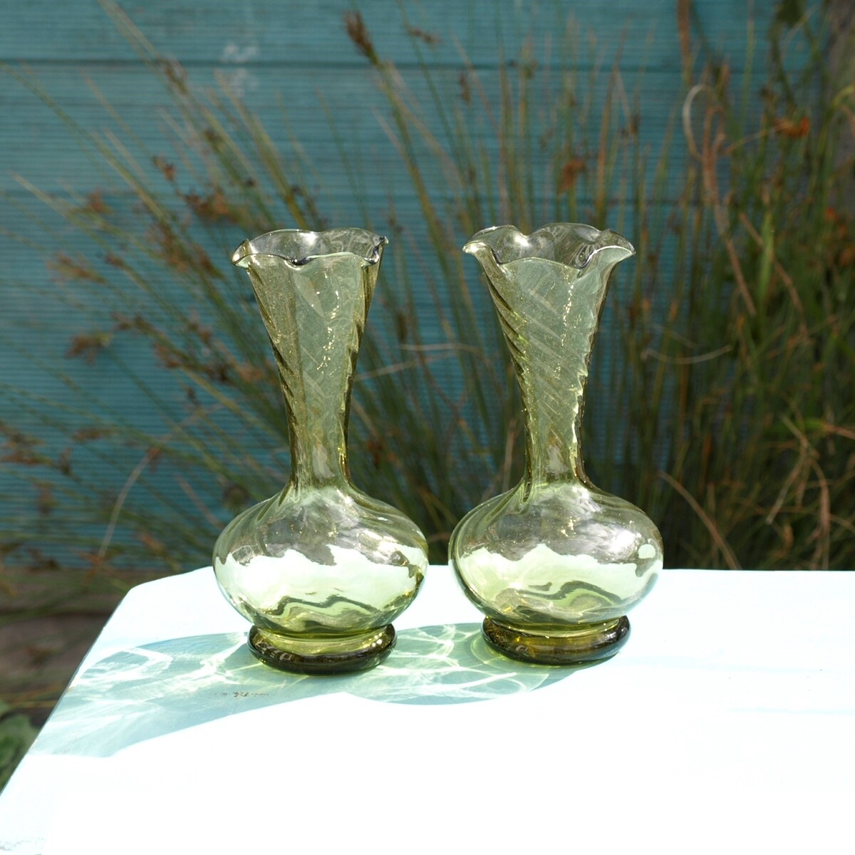 Vintage Pair of Olive Green Glass Twisted Stem Vases