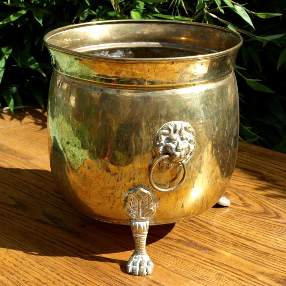 Large Antique Solid Brass Ornate Claw Foot Cauldron Planter + Lion Head Rings