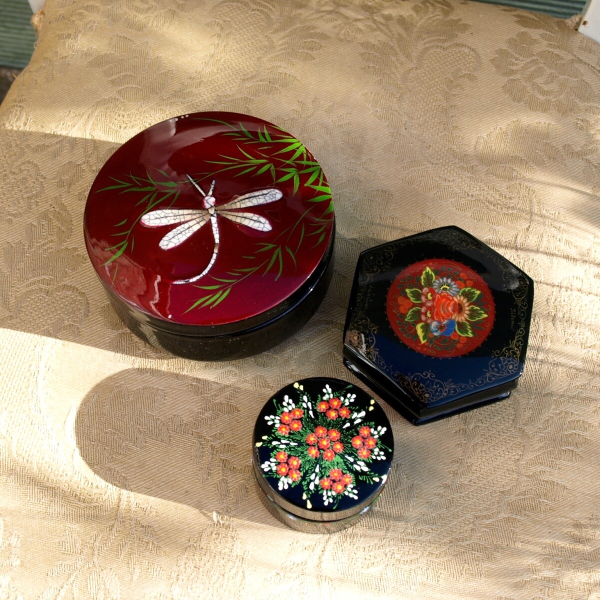 Three Hand Painted Red & Black Papier Mache Trinket Boxes