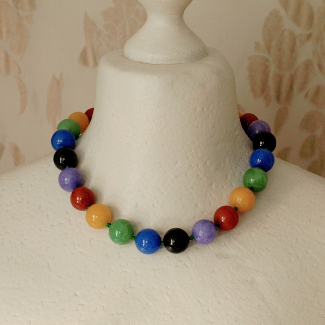 Chunky Multicoloured Stone Ball Bead Necklace + 925 Silver Clasp