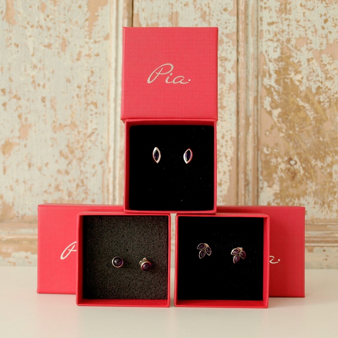 Three Pairs of Solid Silver & Amethyst Stud Earrings by Pia