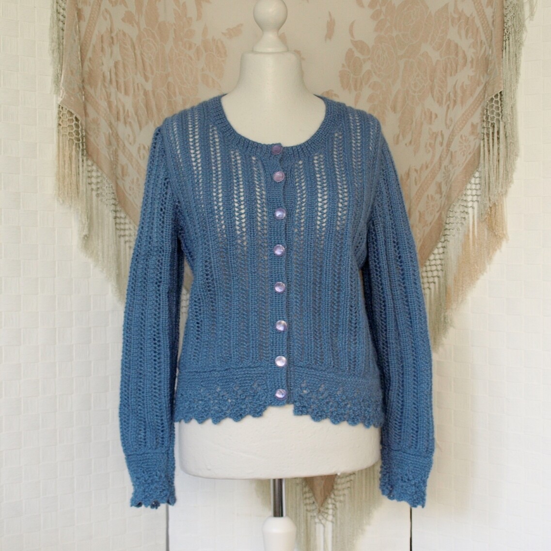Ladies Swaledale Woollens Blue Wool Hand Knitted Shunnerfell Jumper Cardigan