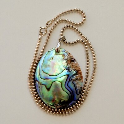 Ladies Solid Silver & Large Abalone Pendant Necklace