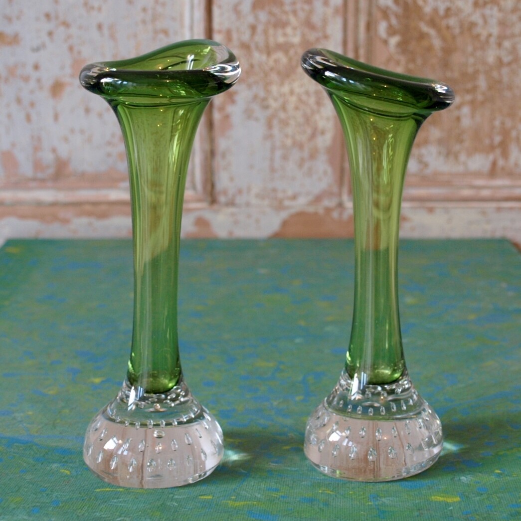 Vintage Pair of Hand Blown Green Jack In The Pulpit Vases