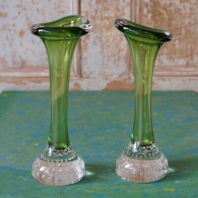 Vintage Pair of Hand Blown Green Jack In The Pulpit Vases