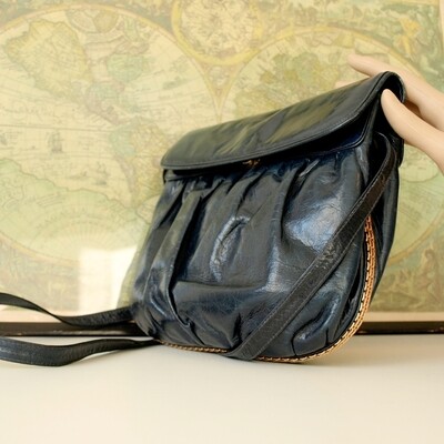 Vintage 80s Dark Navy Blue Leather Shoulder Bag by Stuart Weitzman