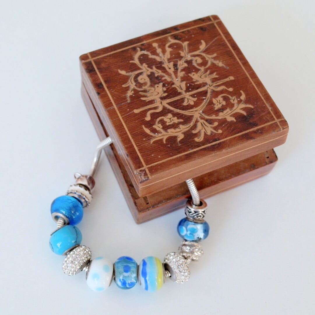 Solid Silver & Blue Glass Sparkly Charm Bracelet + Vintage Box