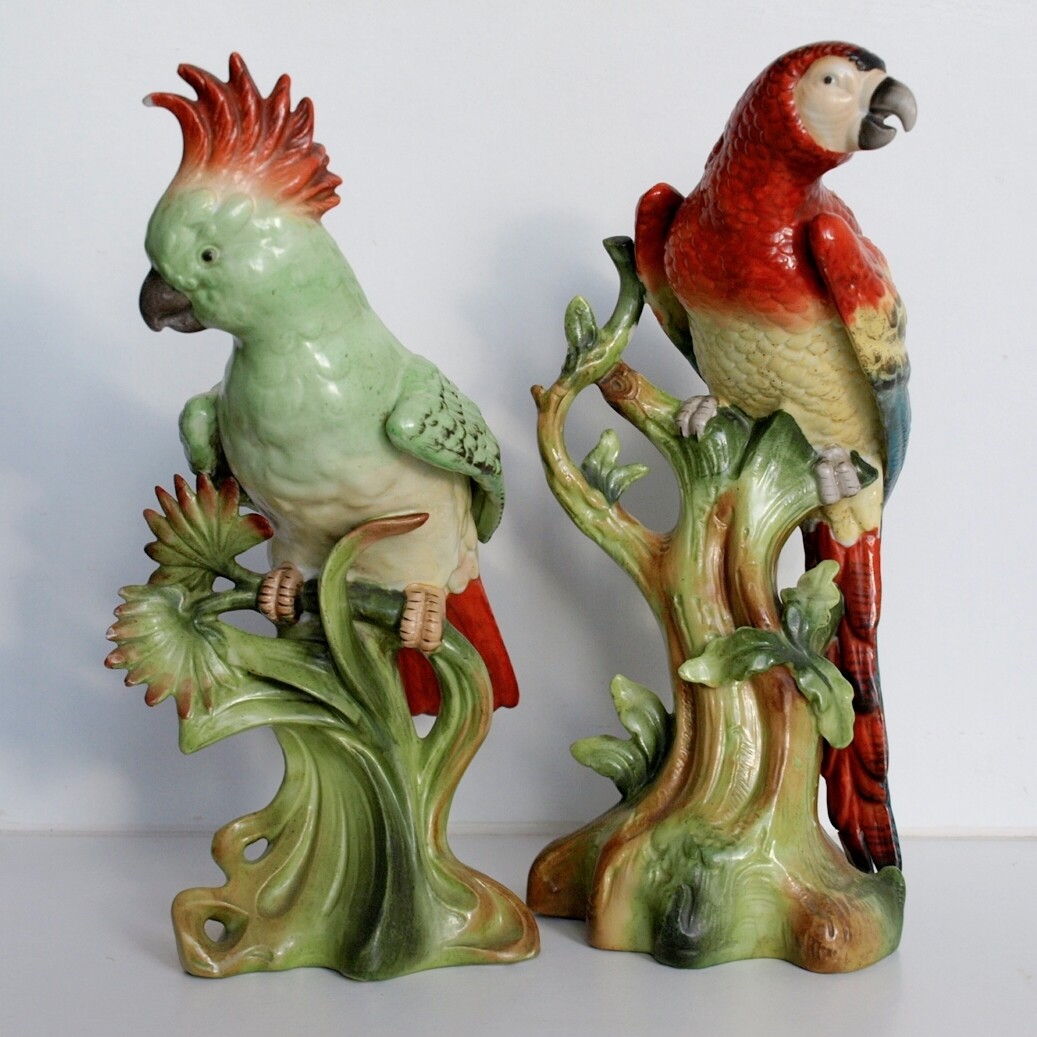 Antique German Dresden Style Pair of Fine Porcelain Parrots - Macaw & Cockatoo