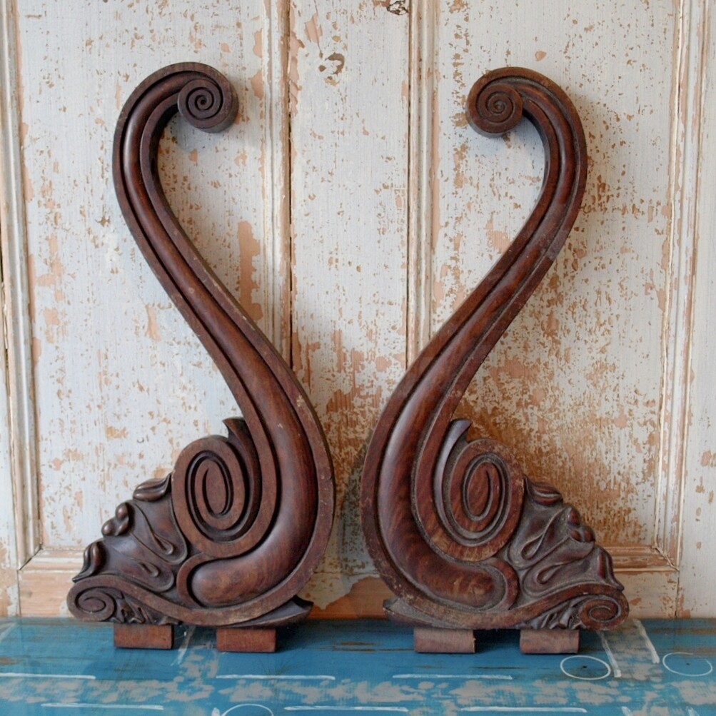 HUGE Pair of Salvaged Antique Mahogany Scroll Corbels or Brackets