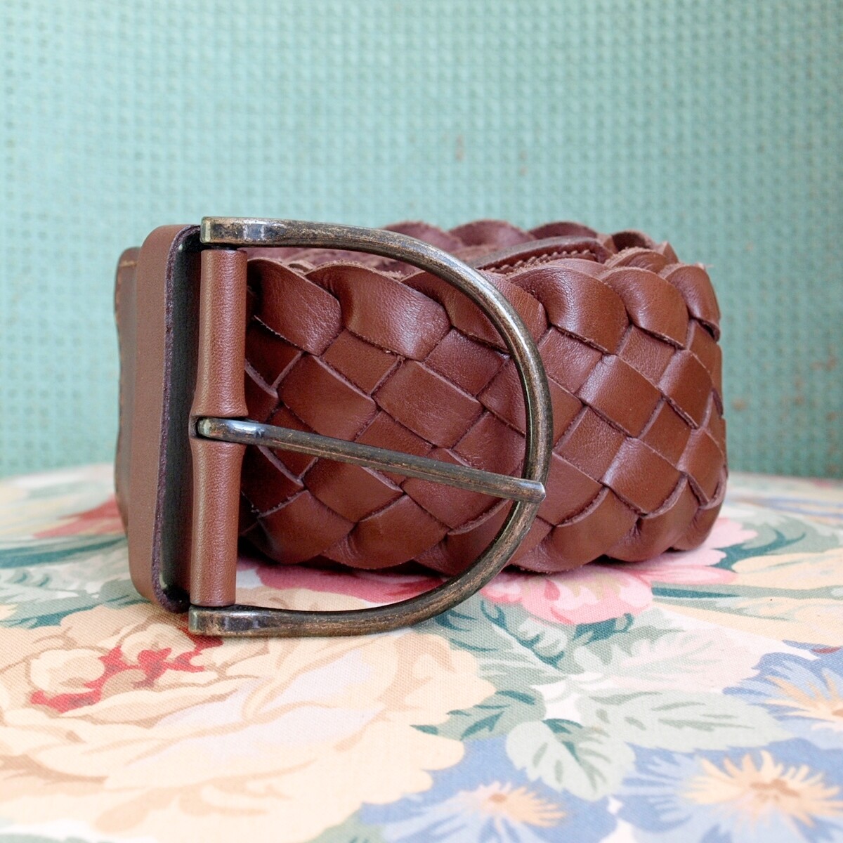 Ladies Wide Woven Conker Brown Leather Belt M/L