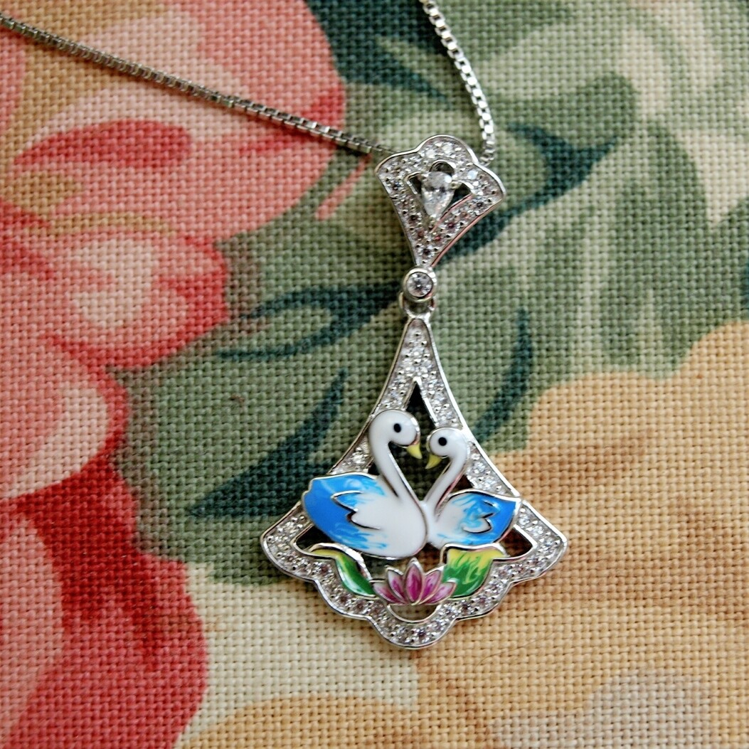 Ladies Solid Silver Enamel Swans Pendant Necklace by Vinali
