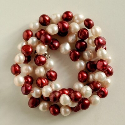 Long Off-White& Red Pearl 925 Silver Necklace
