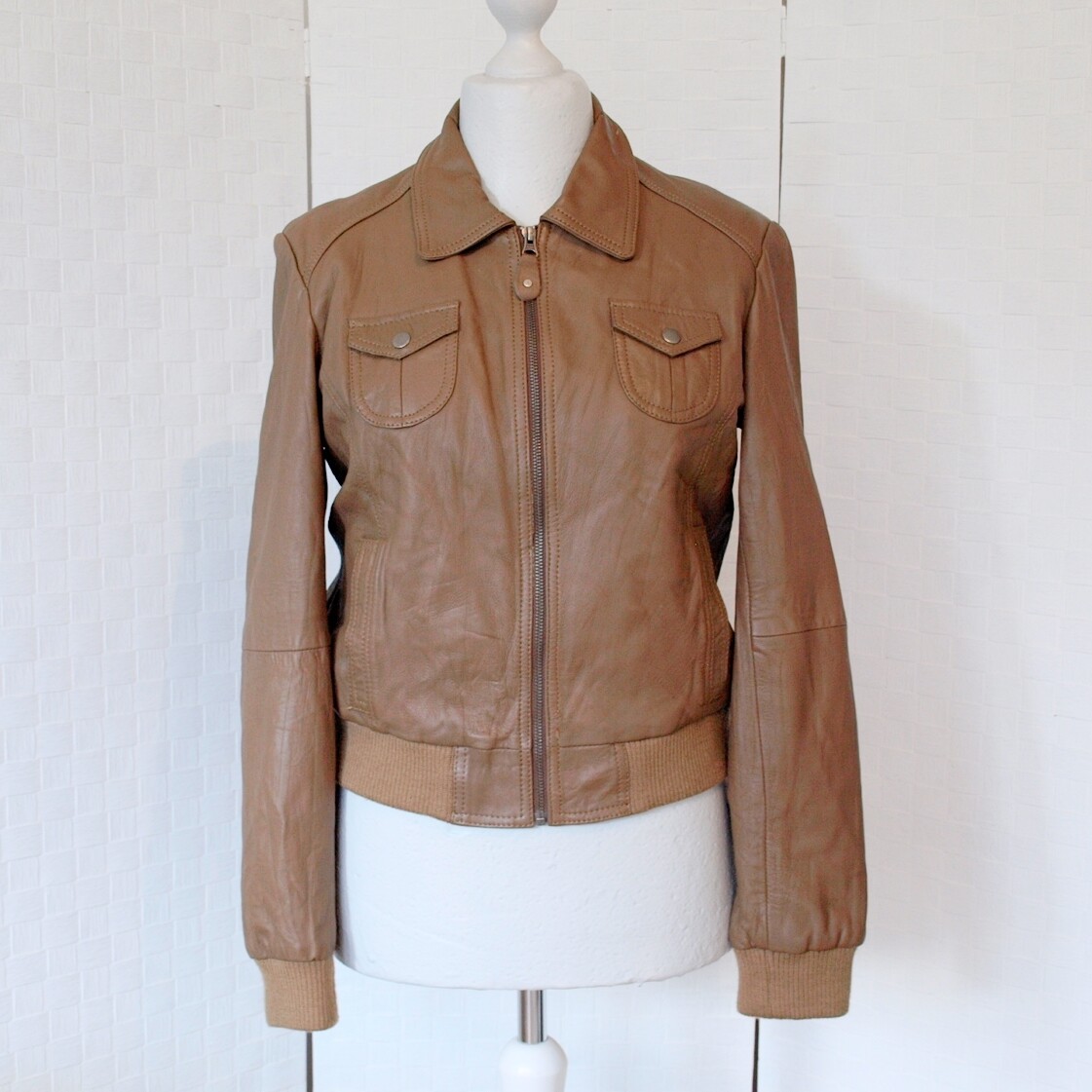 La Redoute Beige Nappa Leather Bomber Jacket 12 or Boys