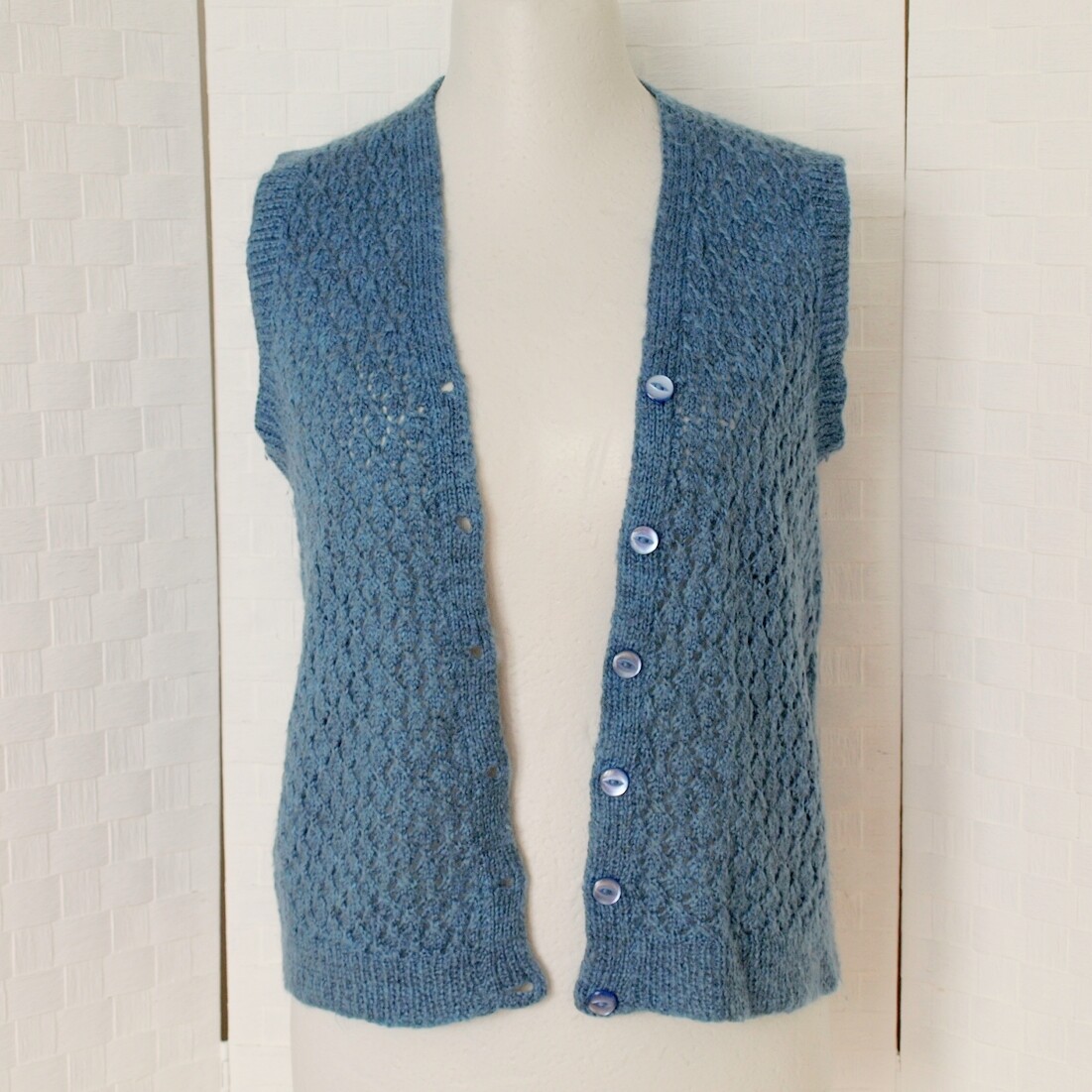 Ladies or Mens Blue Woolly Hand Knitted Cardigan Waistcoat