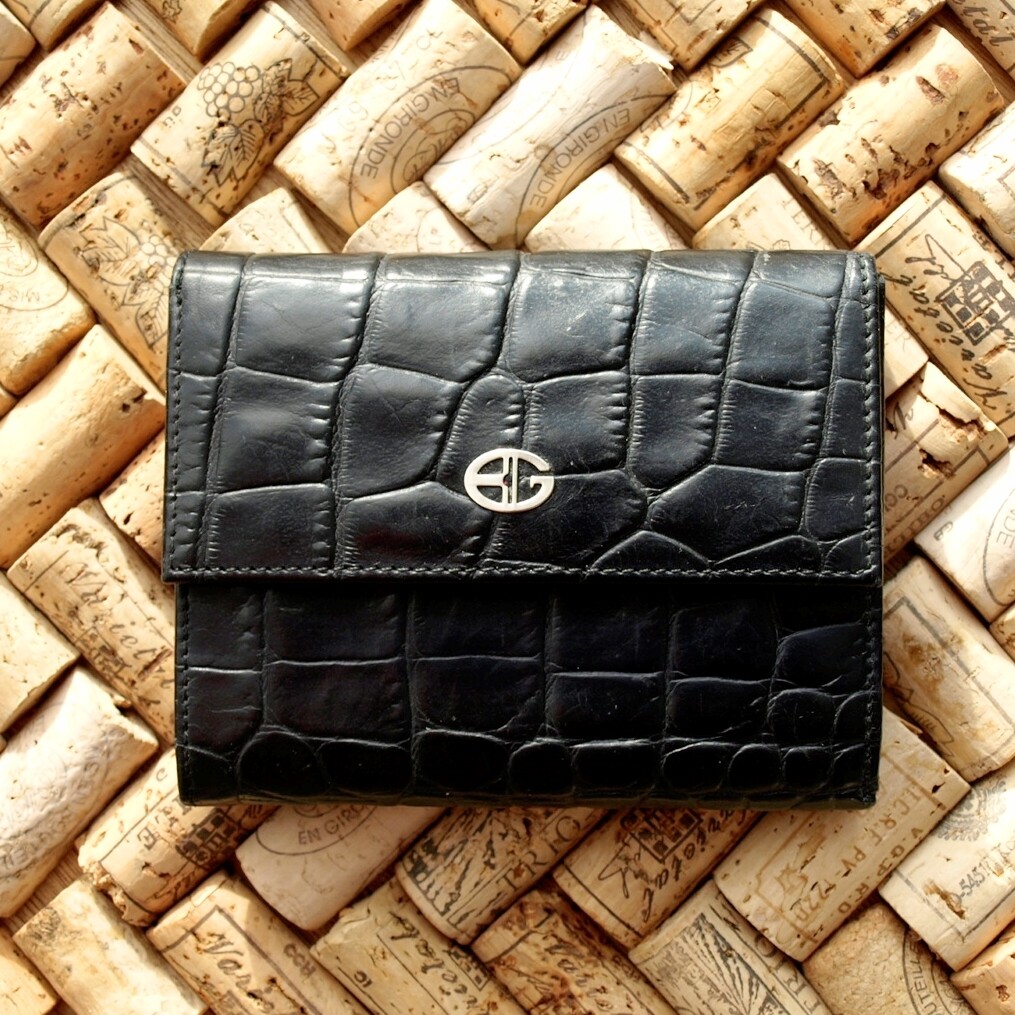 Black Croc Print Leather Folding Wallet or Purse by Bon Gout