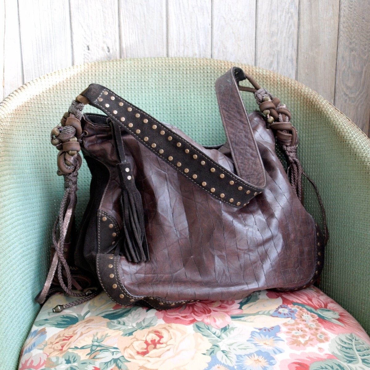 Large Brown Leather & Suede Tassel & Rivets Shoulder Bag by Nicoli