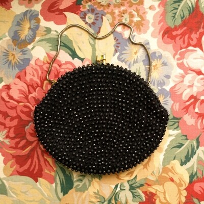Small Vintage 60s Black Beaded Evening Bag With Goldtone Snake Chain