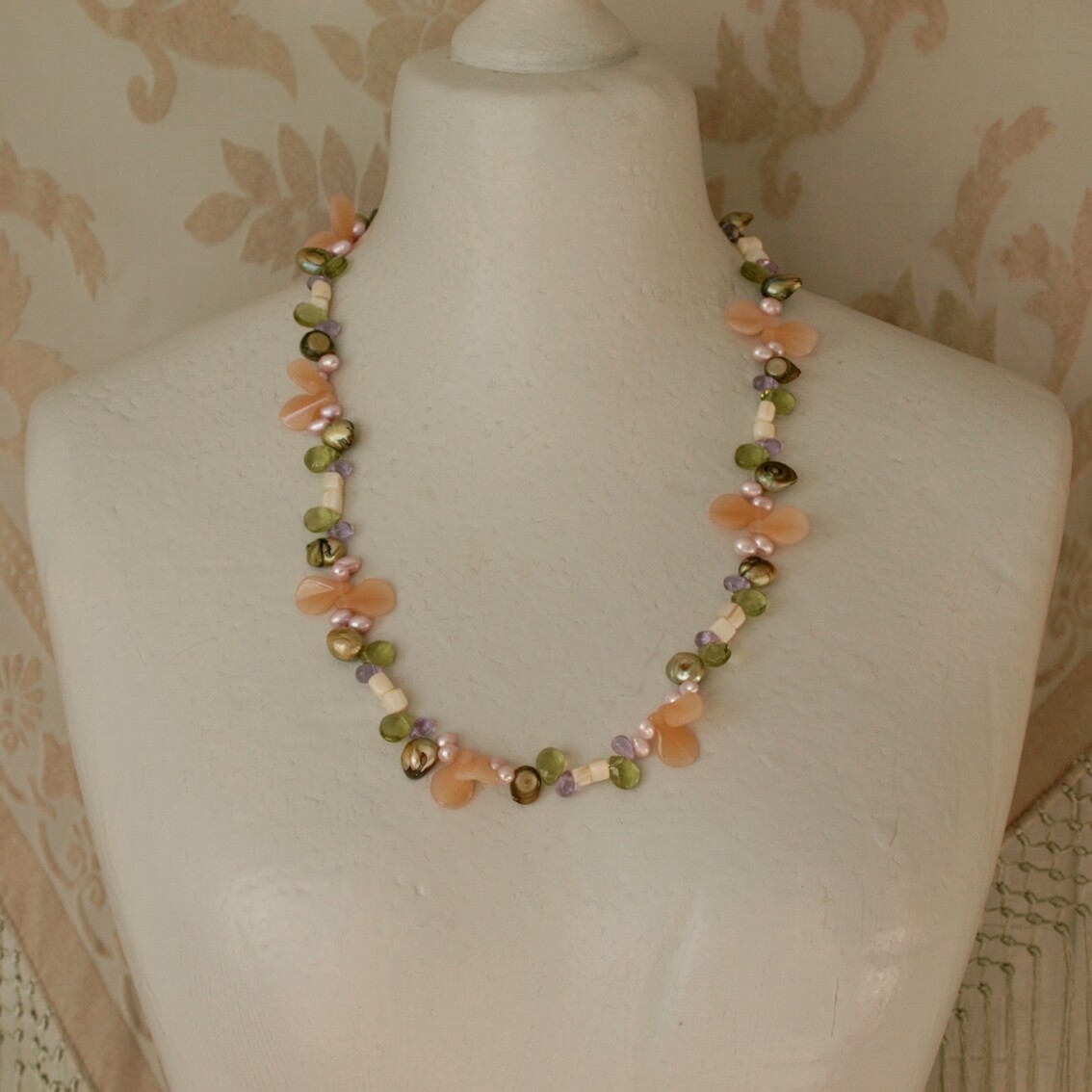 Large Green & Lilac Pearl & Glass Bead Necklace