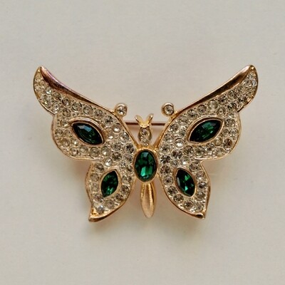 Vintage Green Sparkly Rhinestone Butterfly Brooch