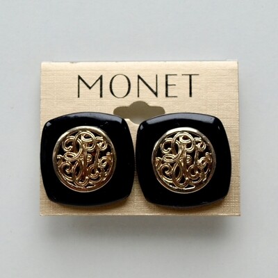 Vintage Monet Black & Goldtone Clip Earrings