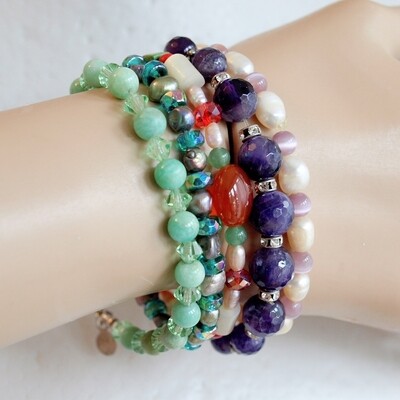 5 Beaded Bracelets - Amethyst, Pearl, Carnelian, Cats Eye, Vintage Glass