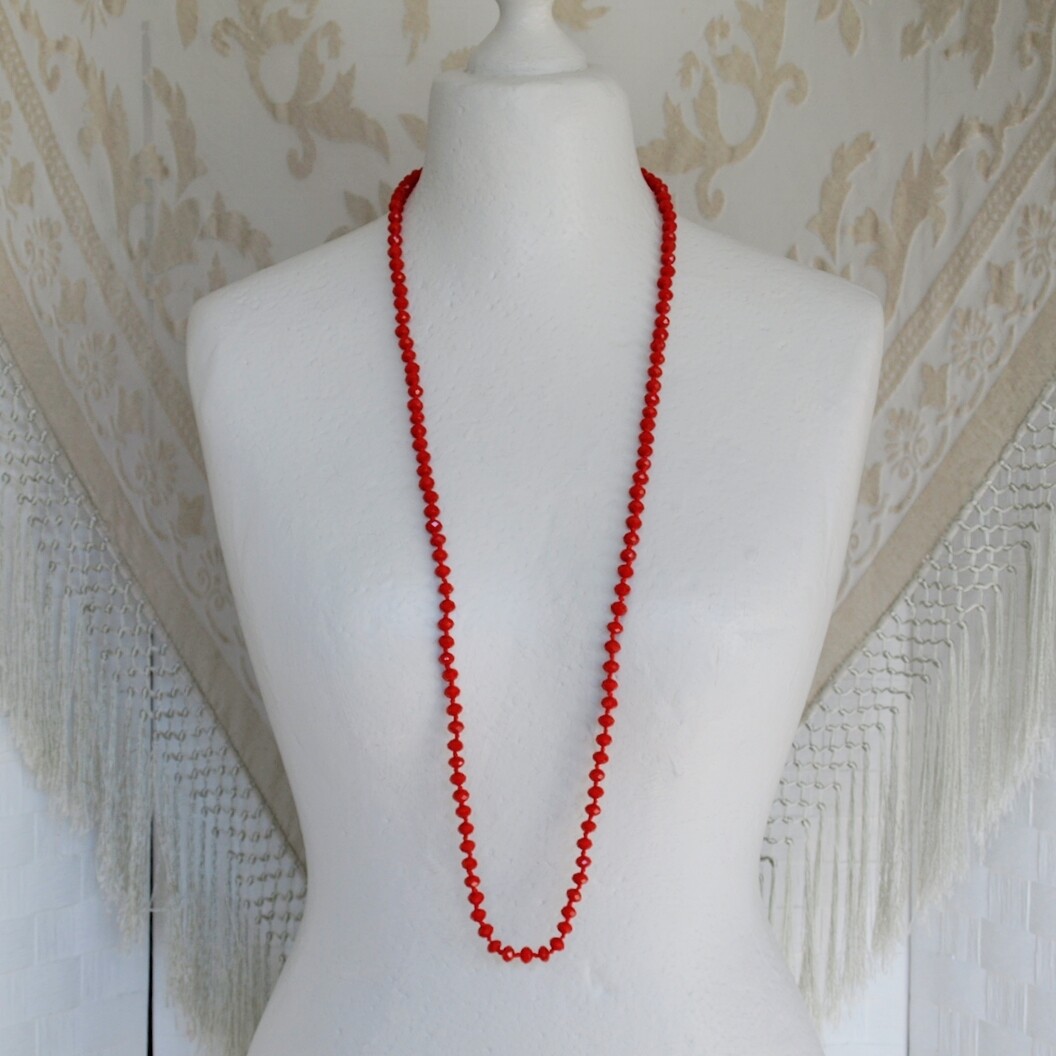 Long Flapper Girl Blood Red Faceted Glass Hand Knotted Necklace