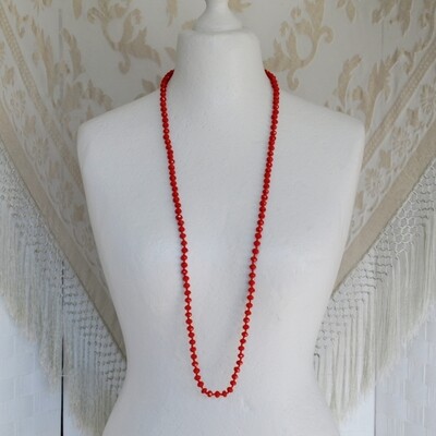 Long Flapper Girl Blood Red Faceted Glass Hand Knotted Necklace
