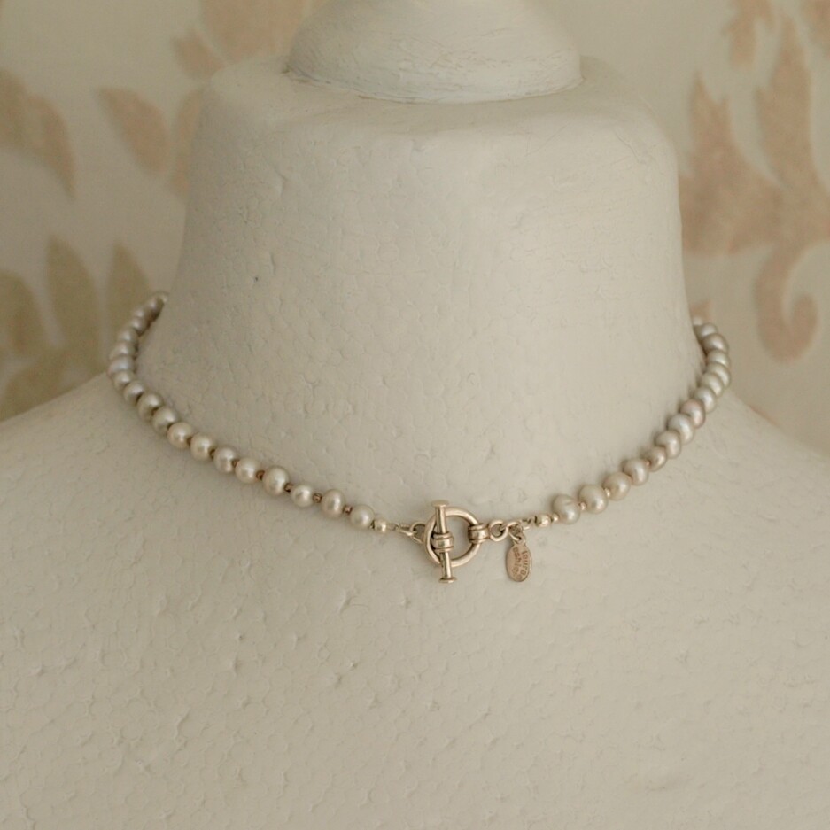 Short Solid Silver & Pale Grey Pearl Toggle Necklace by Laura Ashley
