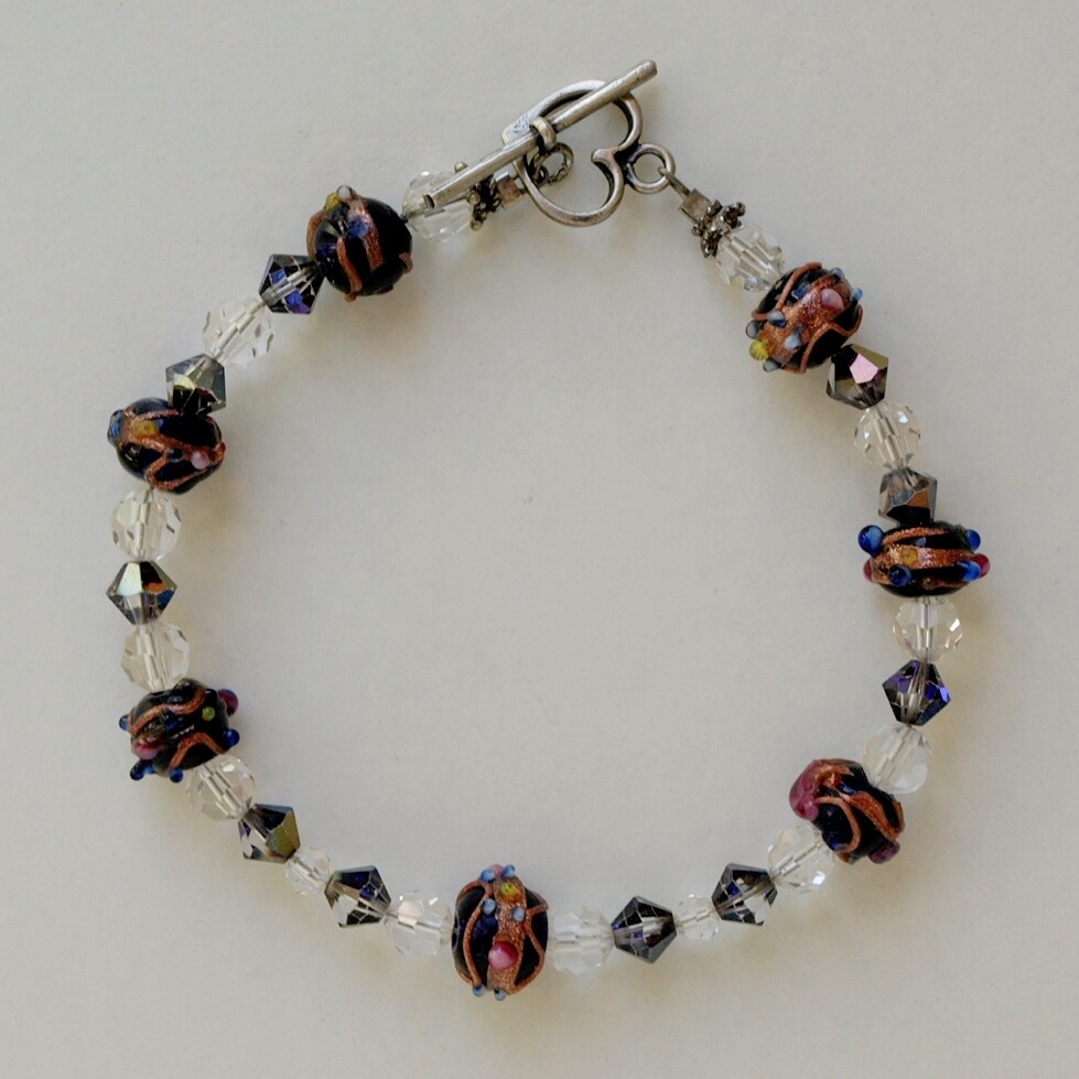 Lampwork Glass Bead Bracelet + Solid Silver Heart Toggle