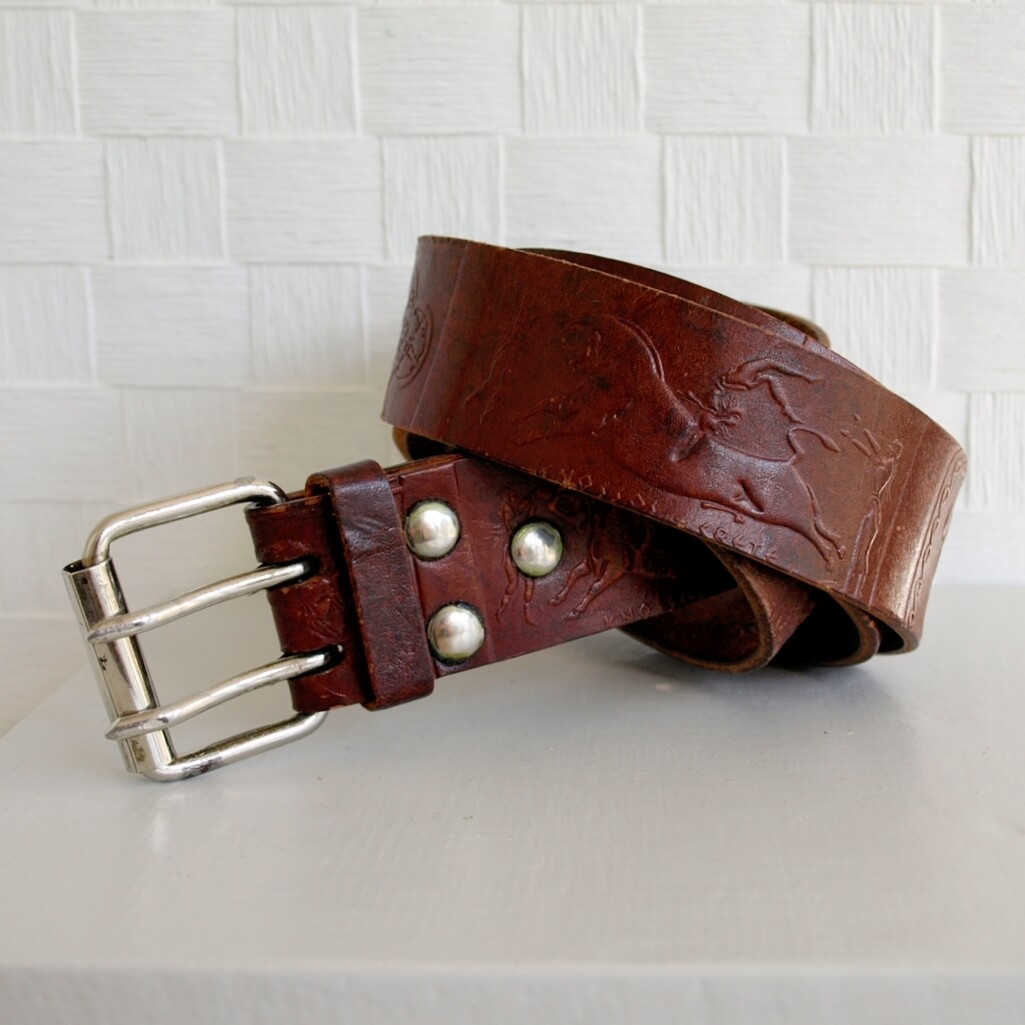 Mens Vintage Conker Brown Tooled Grecian Gladiator Leather Belt
