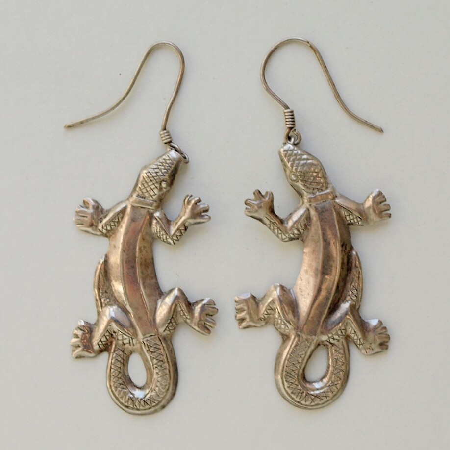 Large Pair of Solid Silver Gecko Dangly Earrings