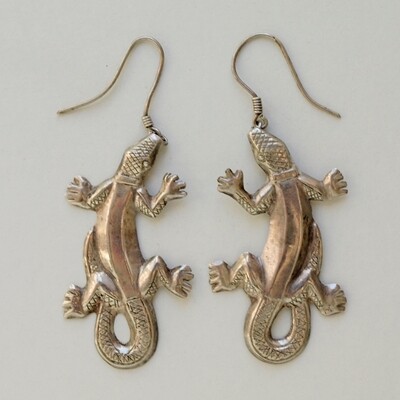 Large Pair of Solid Silver Gecko Dangly Earrings