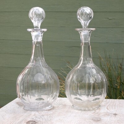 Pair of Antique Hand Blown Cut Glass Decanters