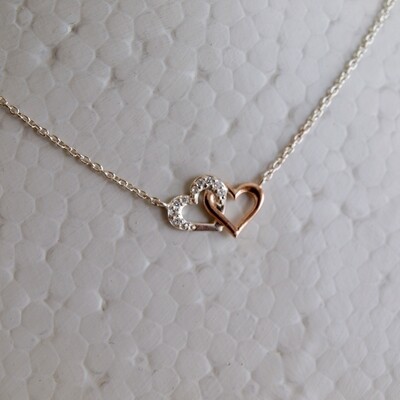 Ladies Double Heart Pendant Solid Silver &amp; CZ Necklace