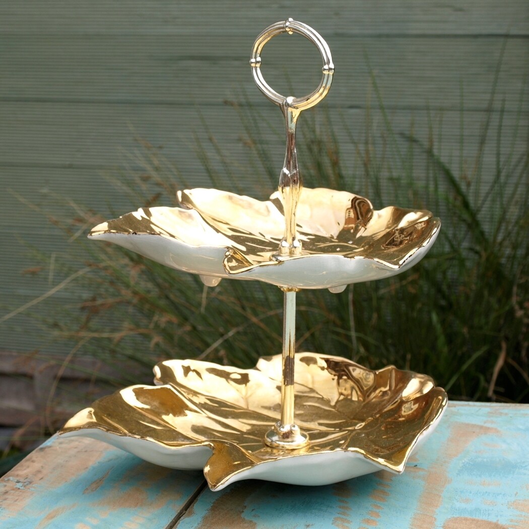 Vintage Grimwades Gold Two-Tiered Cake Stand By Royal Winton
