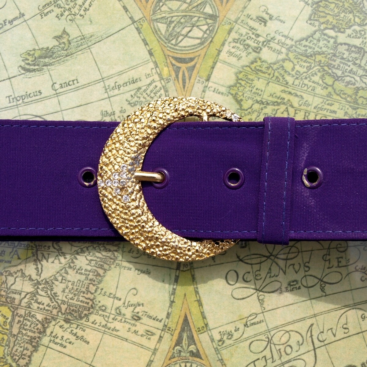 Vintage Purple Fabric Belt + Goldtone & Rhinestone Buckle