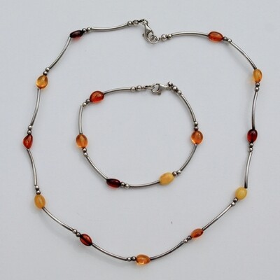Solid Silver & Amber Bead Necklace & Bracelet Set