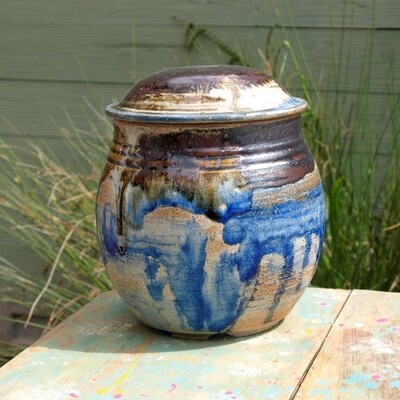 Large Blue Saltglaze Stoneware Lidded Pot