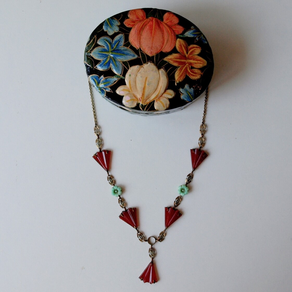 Antique Edwardian Glass Necklace + Kasmiri Box