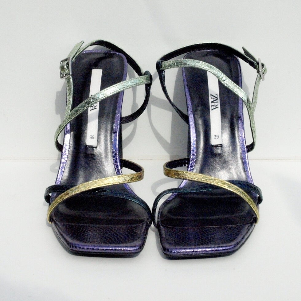 Ladies Zara High Heeled Metallic Snake Effect Summer Disco Party Sandals 39/6