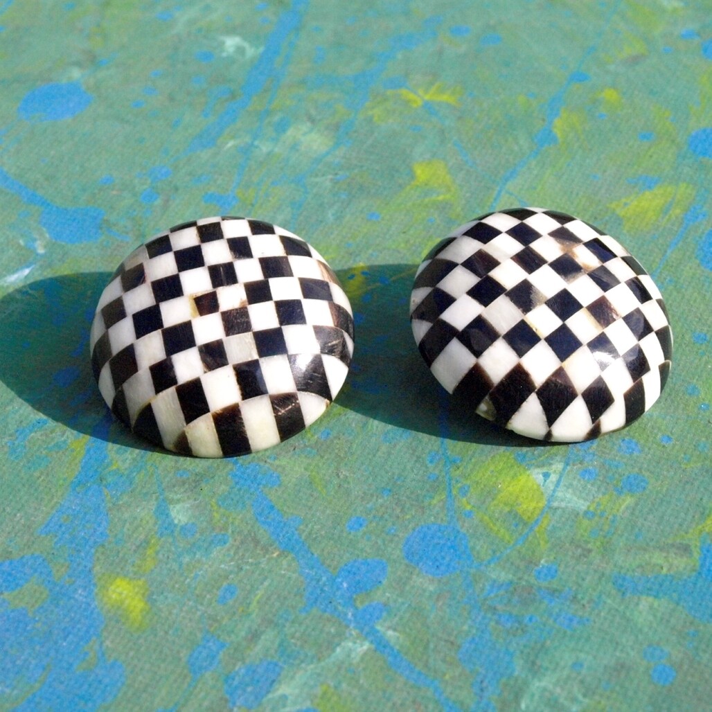 Vintage Large Domed Ebony & Bone Check Clip Earrings