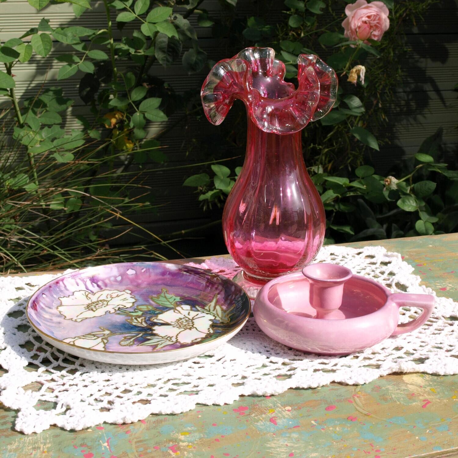Vintage Lot of Pink West German Plate, 20s Chamberstick & Cranberry Glass Vase