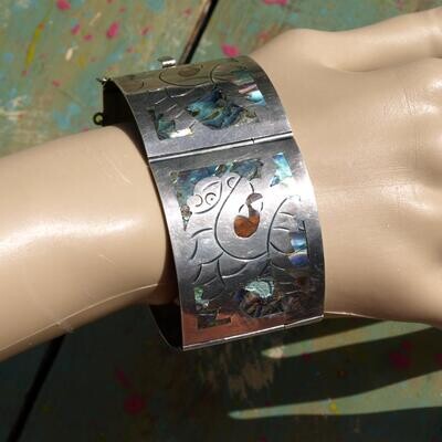 Large Vintage Solid Silver & Abalone Inlay Mexican Cuff Bracelet