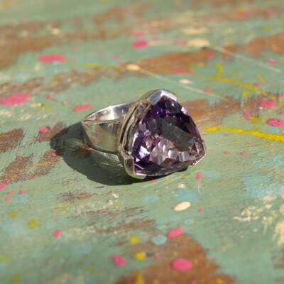 Heavy Solid Silver & Triangular Purple Stone Ring - Size P